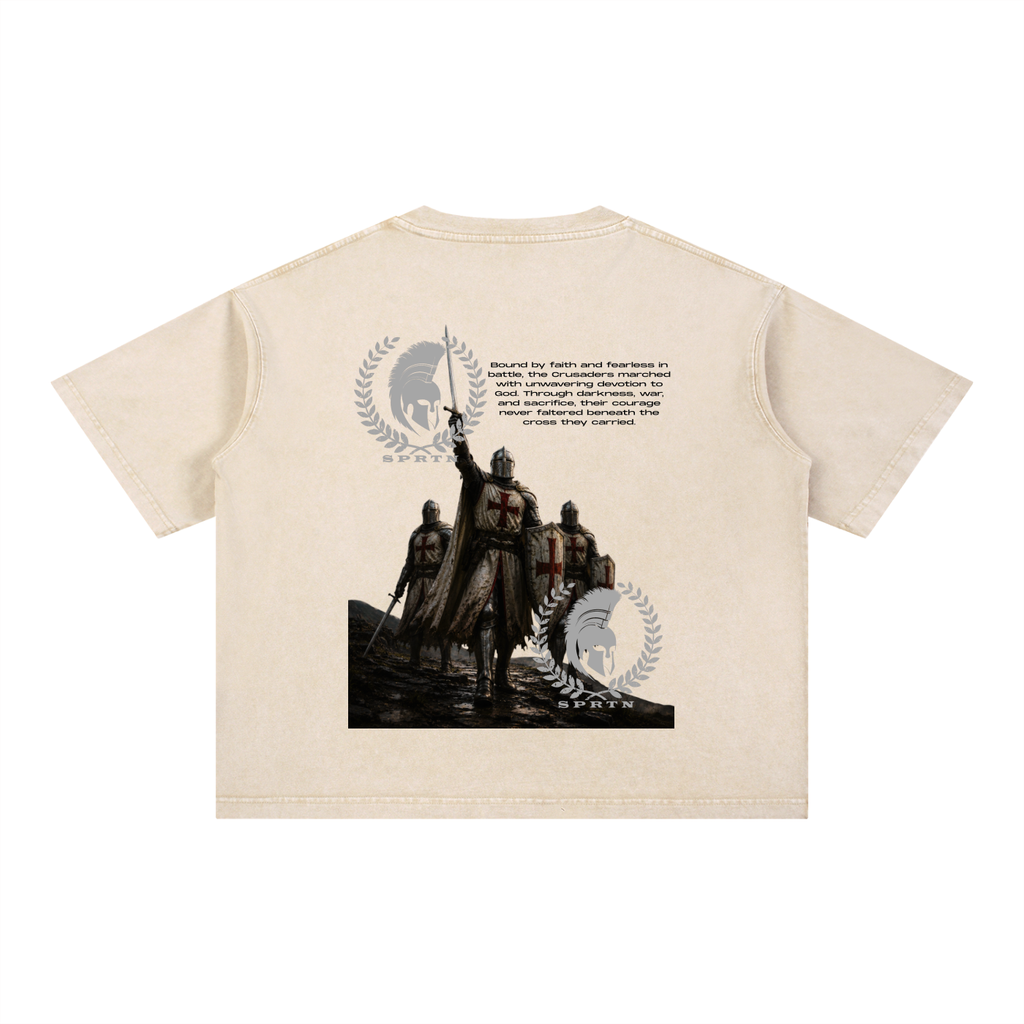 SOLDIERS OF GOD Mineral Wash Boxy Cotton T-Shirt - Crusader Graphic